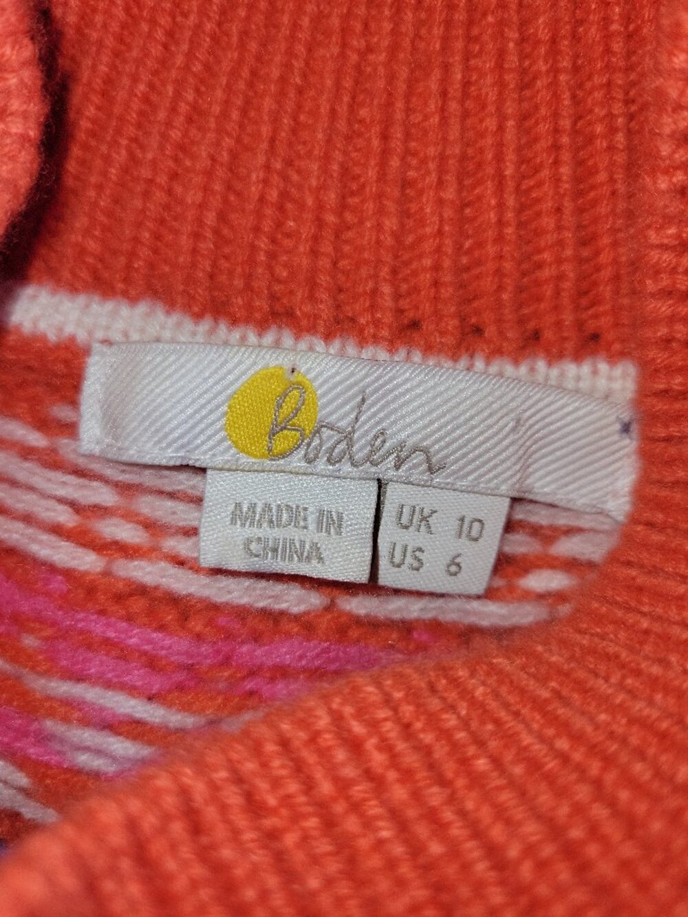 Boden Red Orange Fair Isle "Anna" Cashmere Mock Neck Sweater Women's Size 6 - Picture 9 of 10